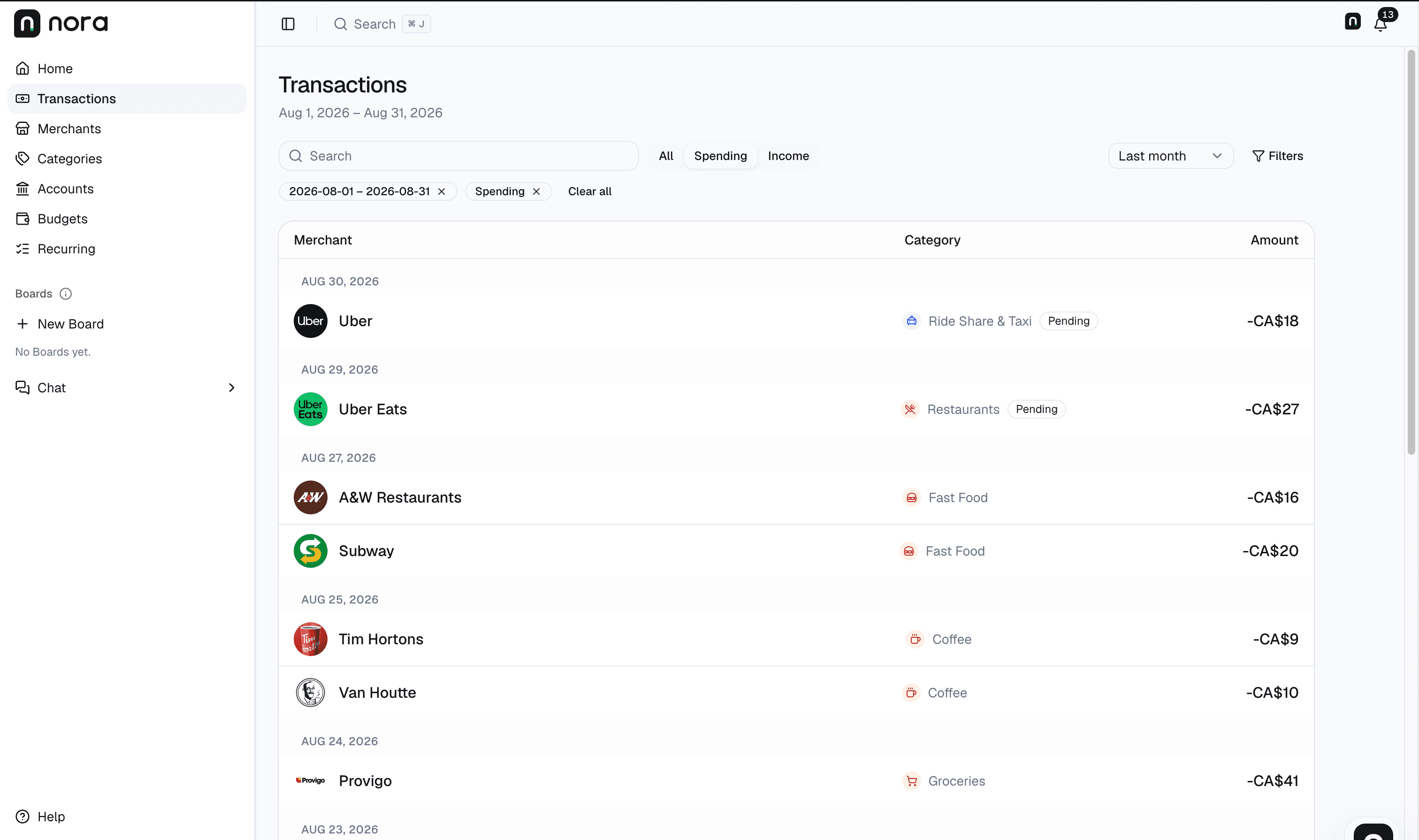Nora transaction list for August 1–31, 2026, showing CAD amounts, A&W Restaurants and Subway on August 27, and a pending Uber Eats transaction on August 29.