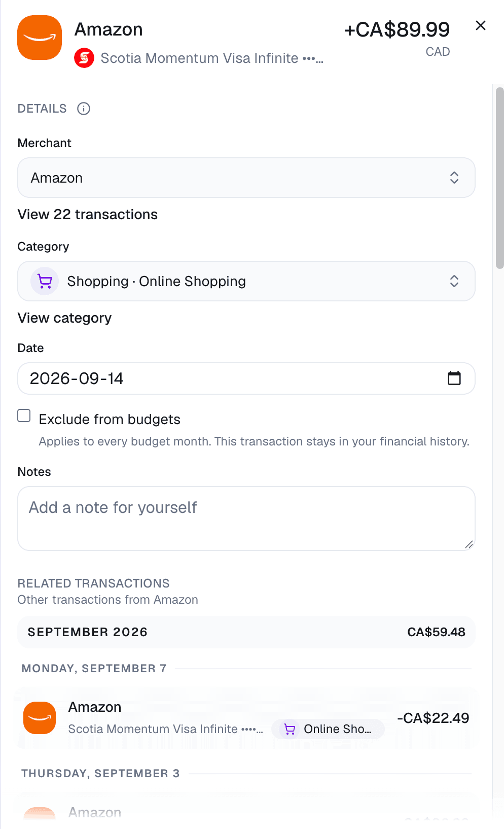 Nora transaction details showing merchant, category, and notes fields